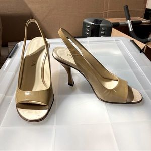 Prada Vintage Peep Toe Tan Patent Leather Slingback Heels 36